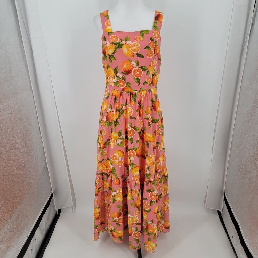 Talbots Dress Womens 12 Pink Orange Lemon Print Tiered Maxi Pockets Side Zip